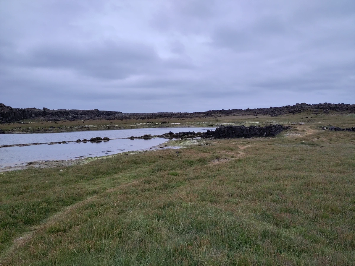 Flacher Teich zwischen Wiese und dunklem Lavagestein unter Wolken