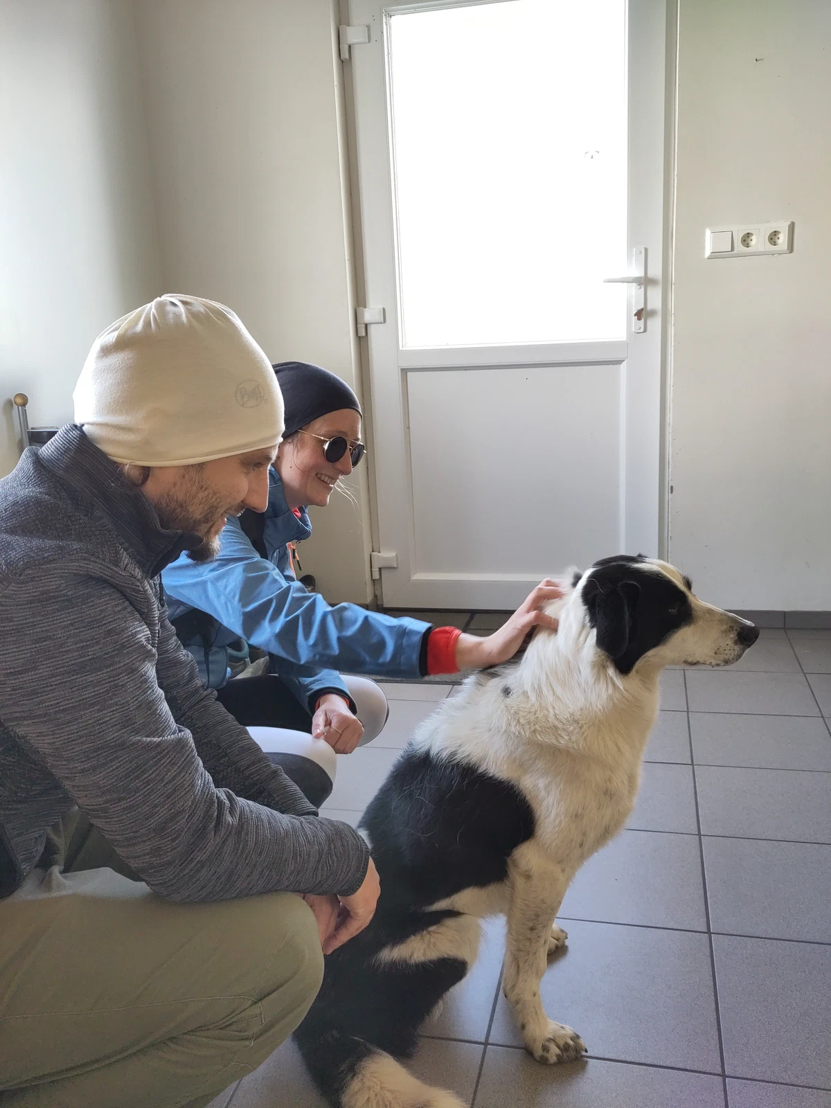 Zwei Personen streicheln im Hausflur einen schwarz-weißen Hund