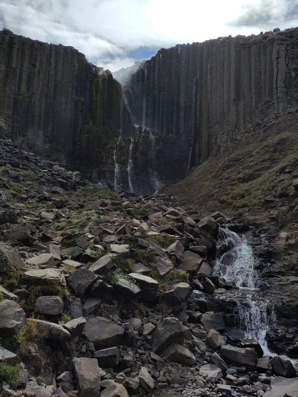 Schlucht mit hohen dunklen Basaltsäulen und einem kleinen Wasserfall über Geröll