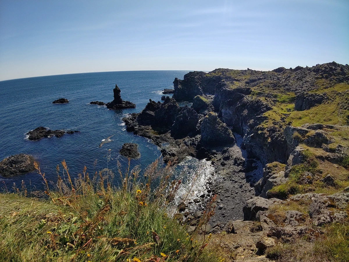 Schroffe Lavaklippen mit einer Felsnadel im Meer