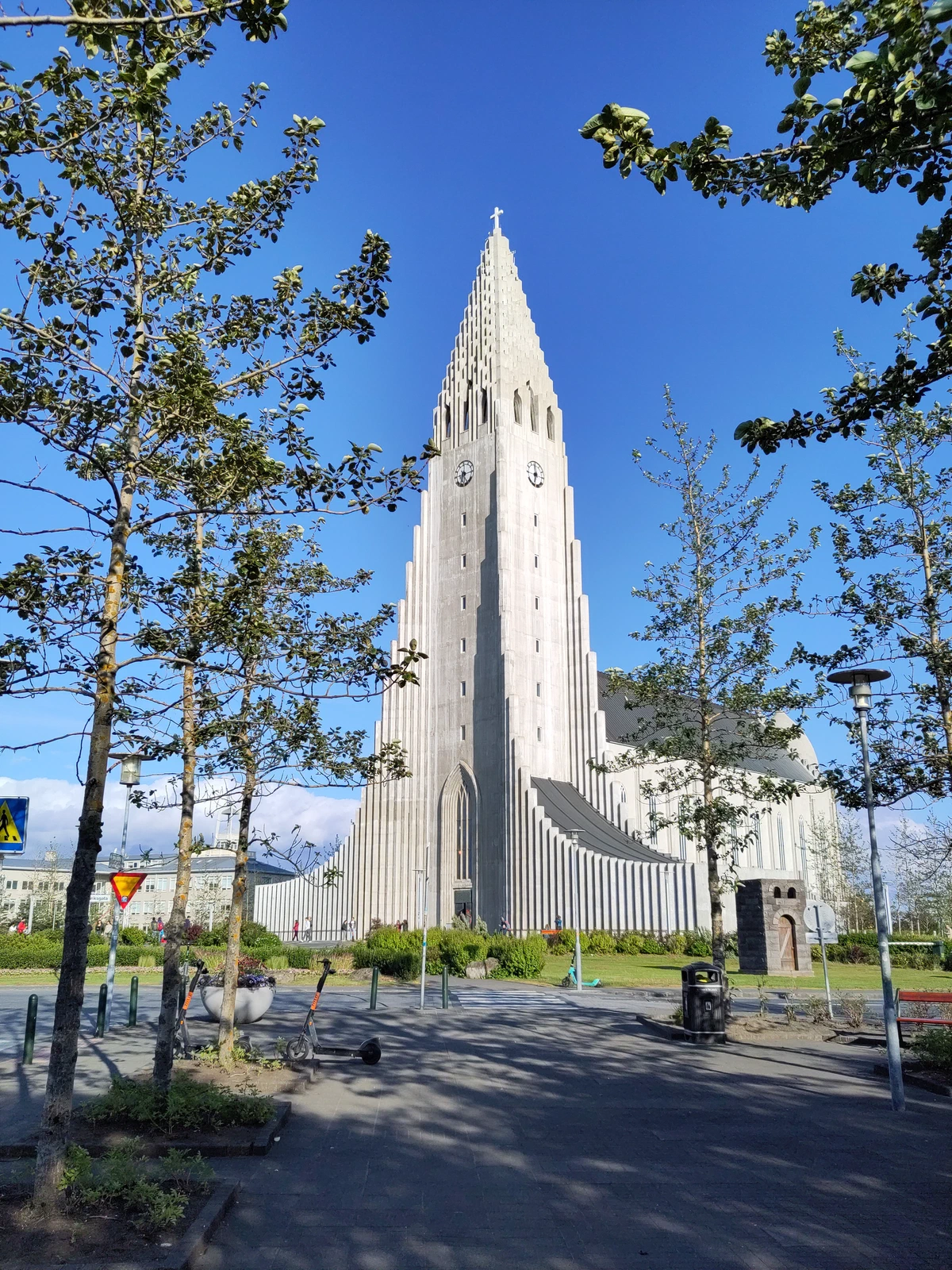 Hallgrímskirkja: die helle Betonkirche mit ihrem stufenförmigen Turm zwischen Bäumen unter blauem Himmel