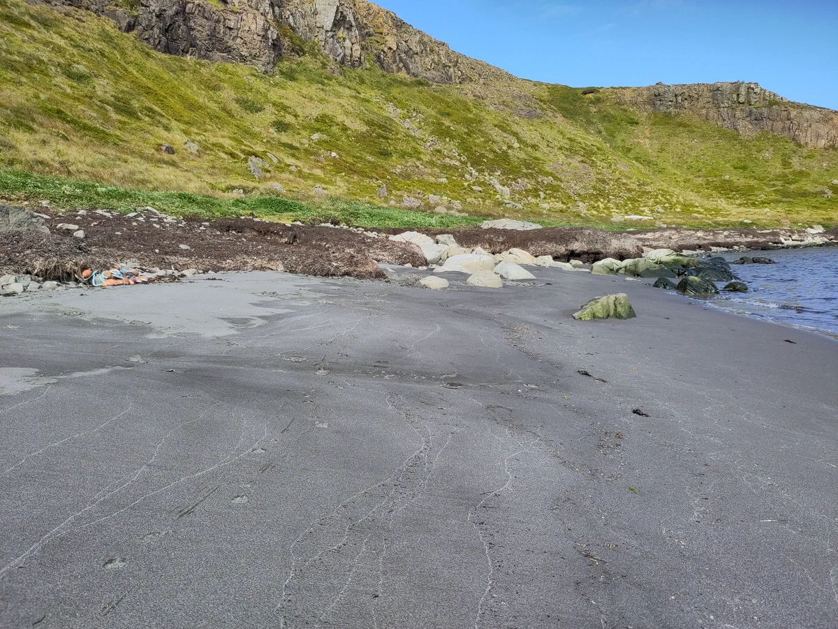 Dunkler Sandstrand unter einem grünen Hang mit Felsen