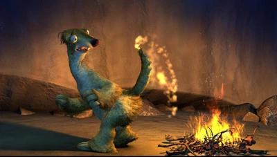 Szene aus einem Animationsfilm: ein Faultier tanzt um ein Lagerfeuer