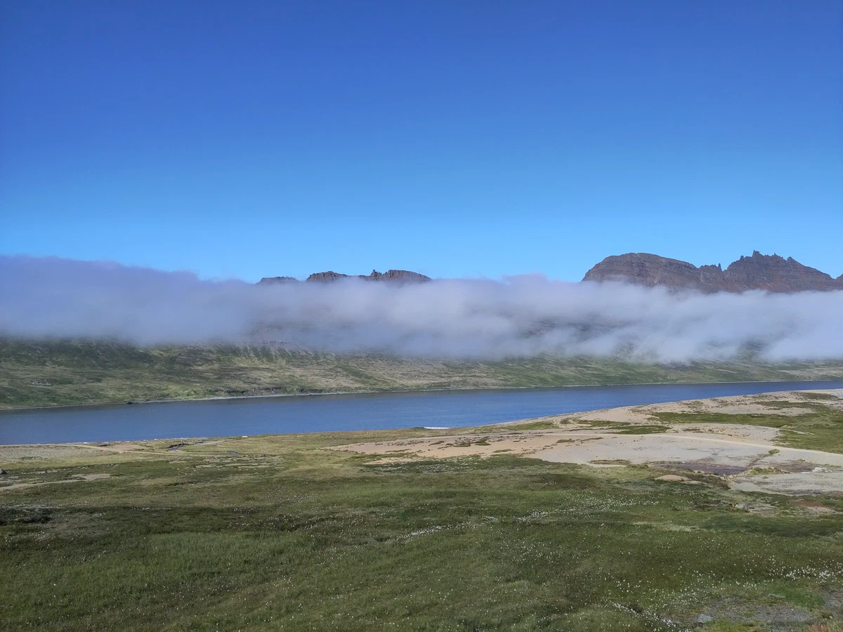 Fjord unter blauem Himmel, über dem Wasser hängt ein Nebelband vor den Bergen