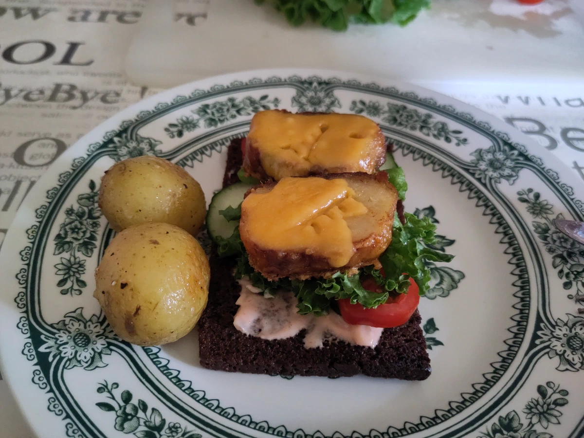Selbst gemachter Fischburger auf dunklem Brot mit überbackenem Fisch, Salat und Kartoffeln