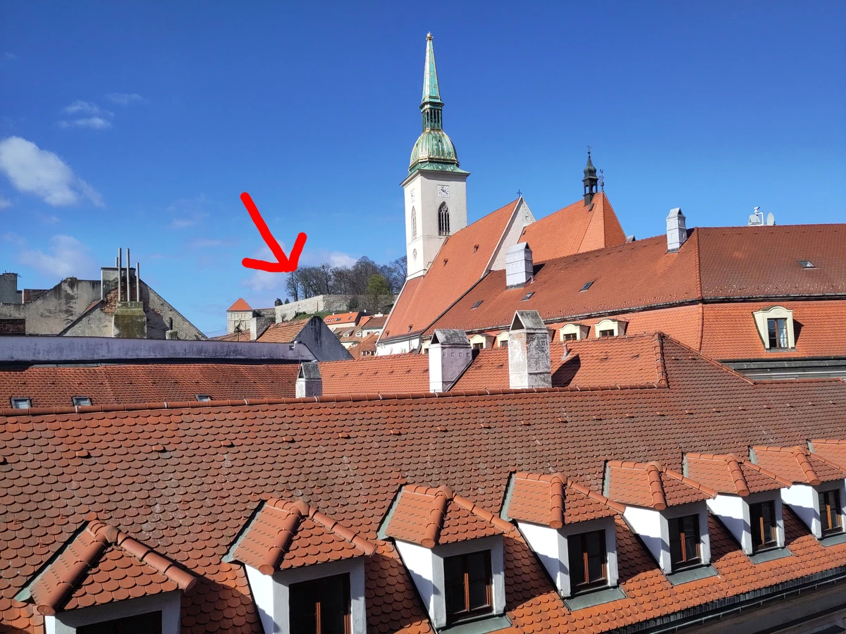 Blick über rote Ziegeldächer auf den Martinsdom, ein roter Pfeil markiert die Burg dahinter