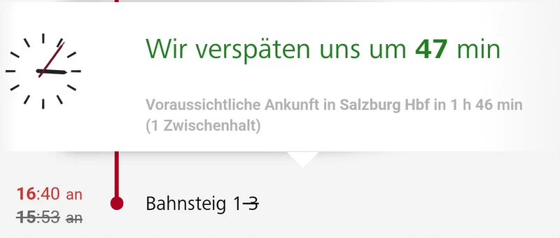 Anzeige im Zug: Wir verspäten uns um 47 Minuten