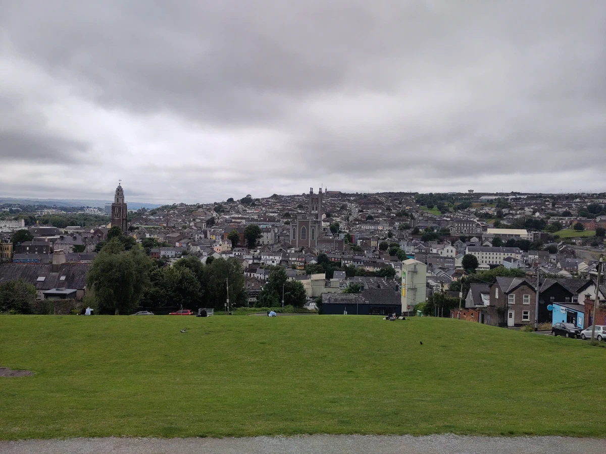 Blick über eine Wiese auf die Häuser und Kirchtürme von Cork