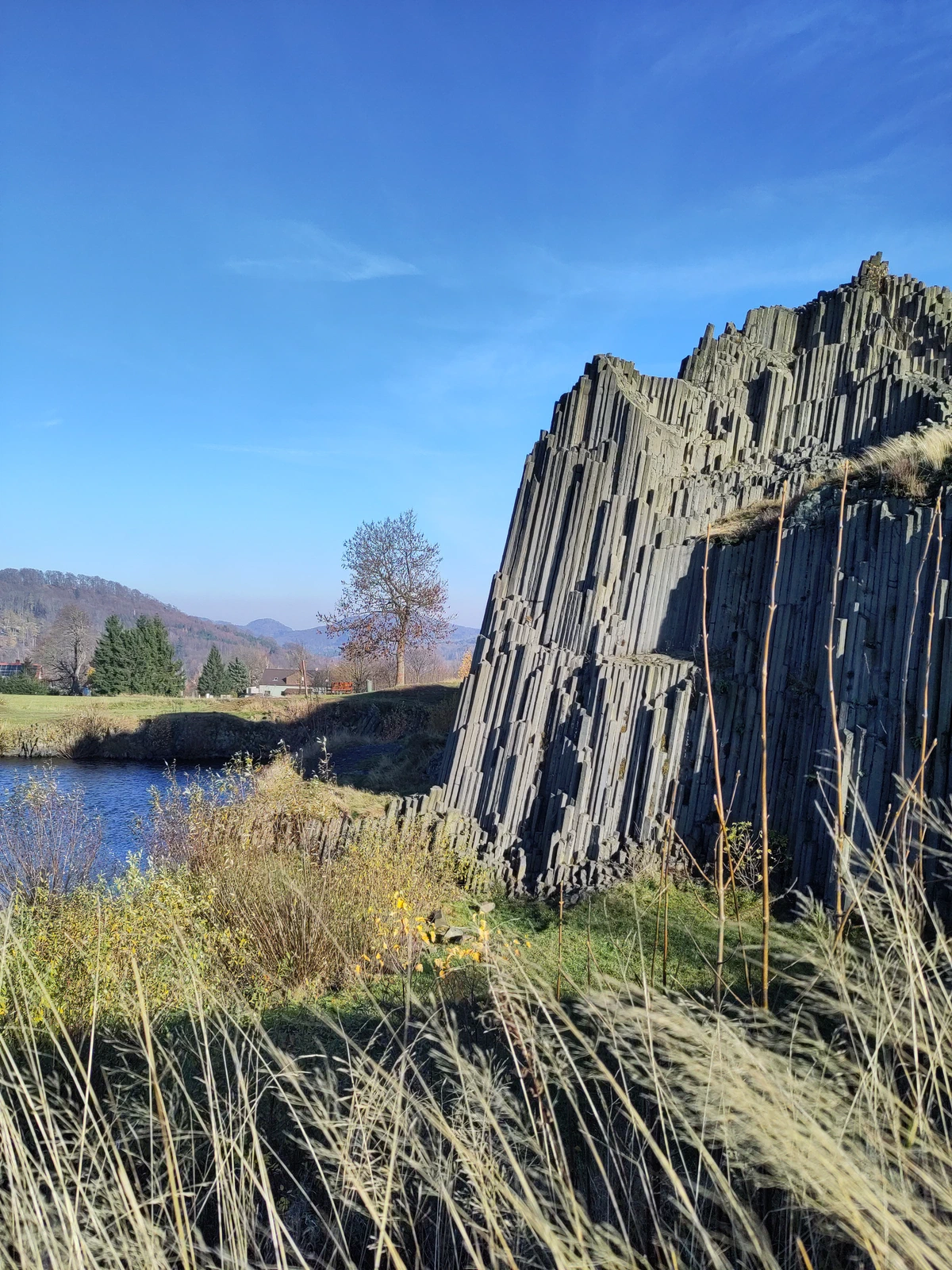 Herrenhausfelsen: Wand aus schräg stehenden Basaltsäulen über einem kleinen Teich