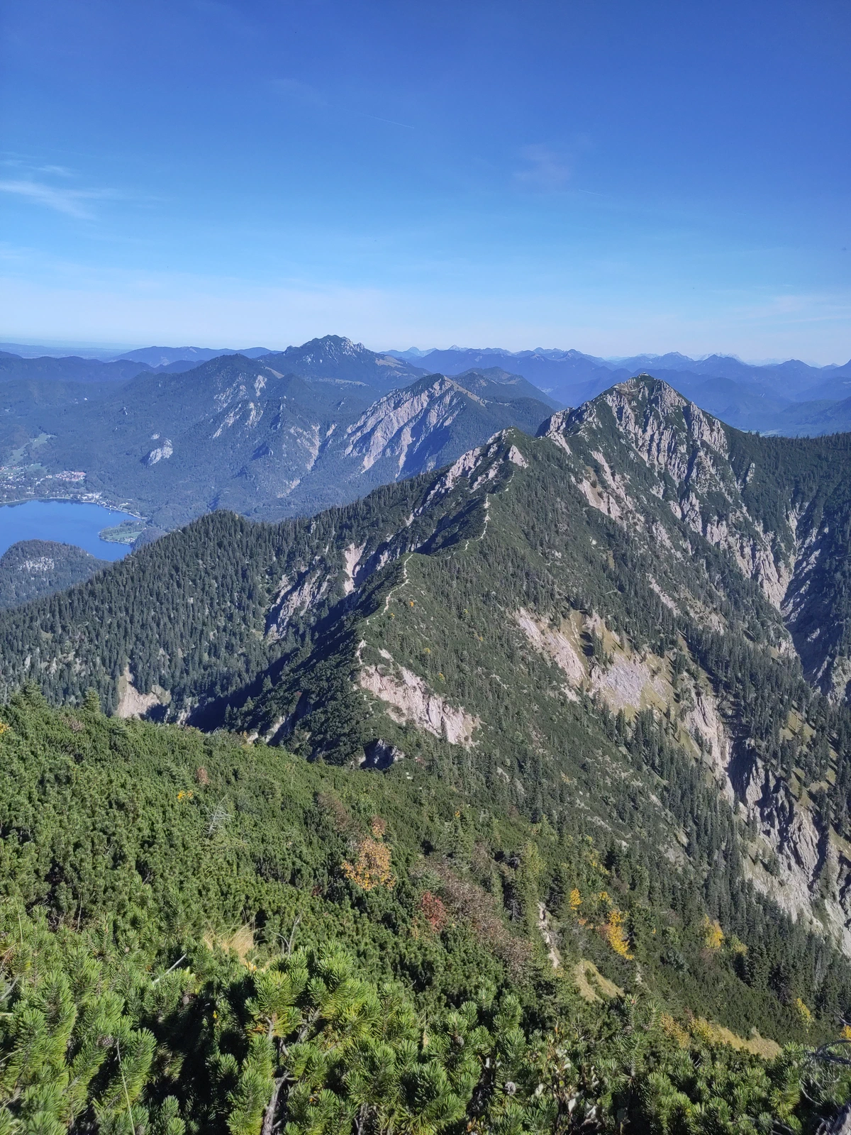 Blick vom Heimgarten über den Grat zum Herzogstand, links unten der Kochelsee
